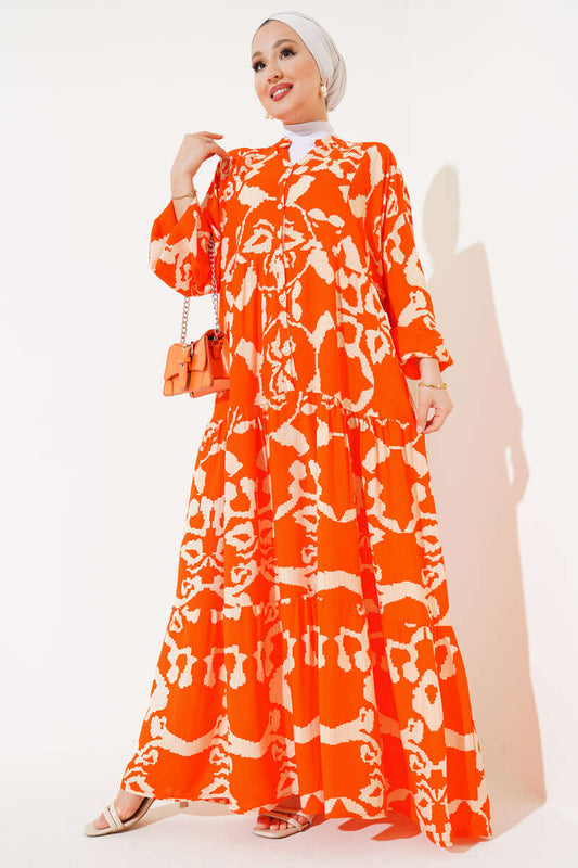 Patterned Bat Sleeve Viscose Dress - Orange & Beige