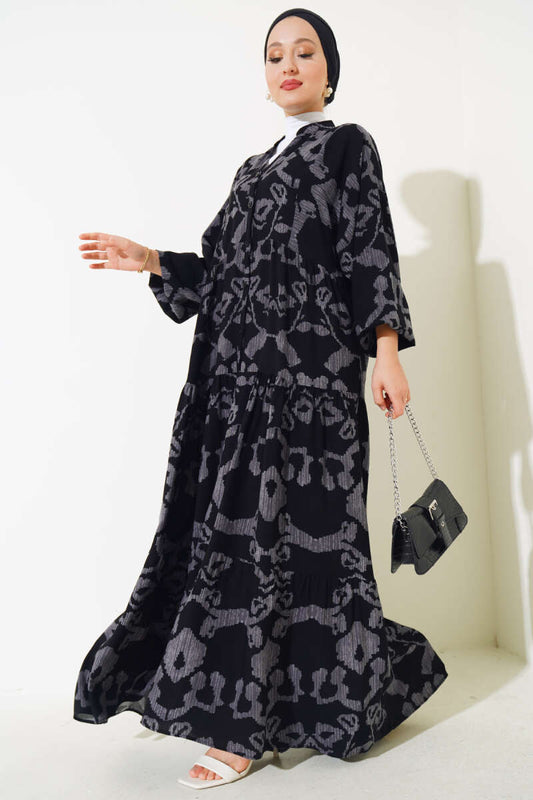 Patterned Bat Sleeve Viscose Dress - Black & Smoke