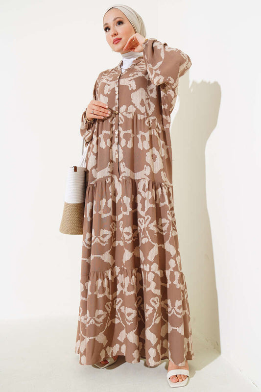 Patterned Bat Sleeve Viscose Dress - Milky Coffee