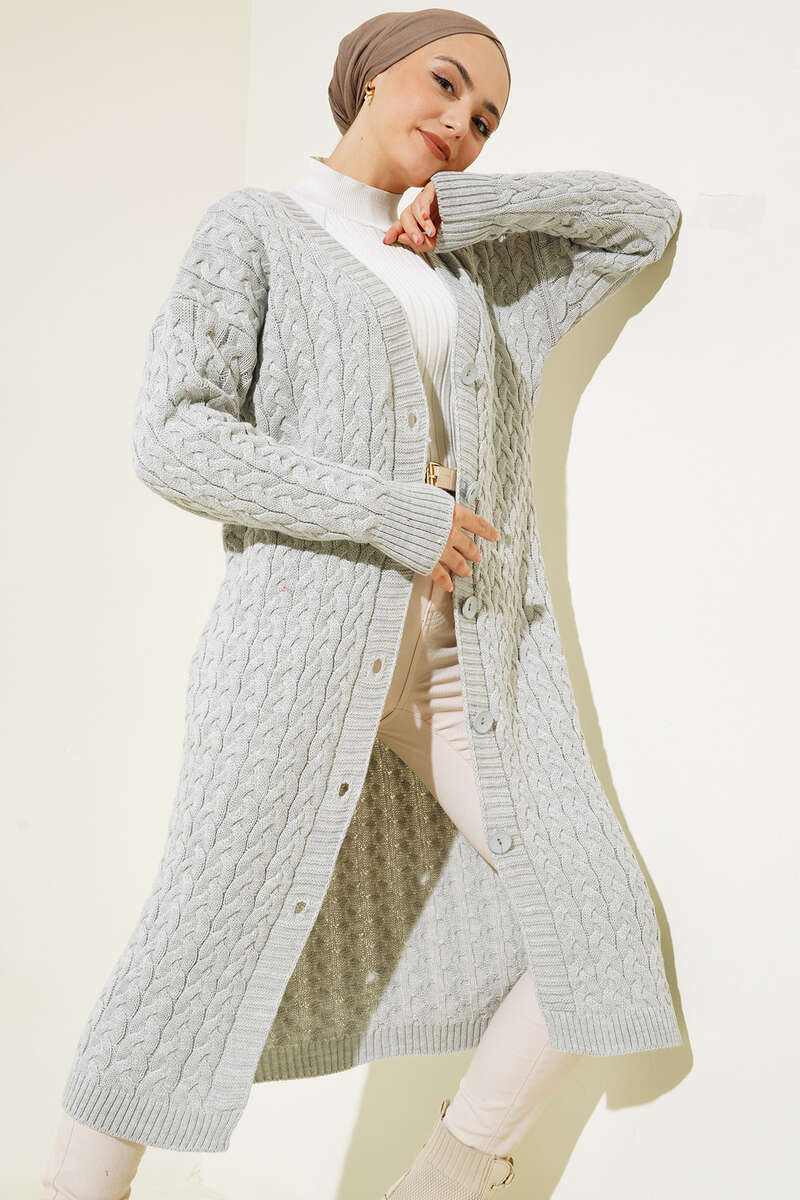 Buttoned Long Knitted Cardigan Gray