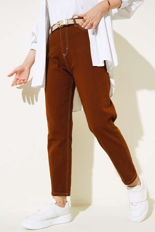 Plain Boyfriend Brown White Trousers