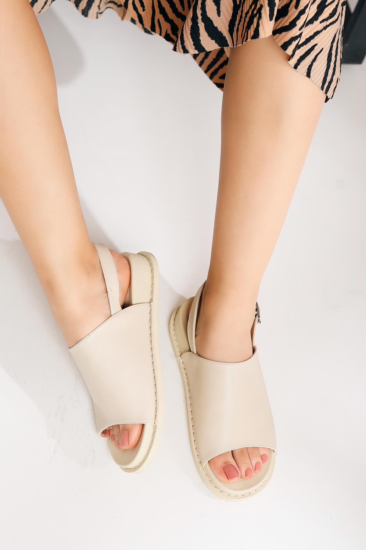 Beige Buckle Detailed Flat Sandals