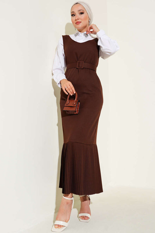 Pleated Hem Vest Dress - Brown