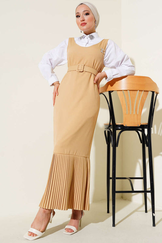 Pleated Hem Vest Dress - Camel