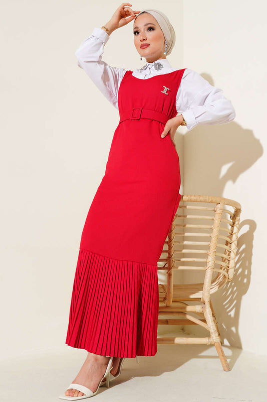 Pleated Hem Vest Dress - Red