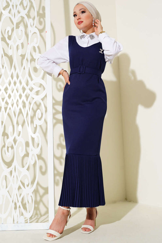 Pleated Hem Vest Dress - Navy Blue