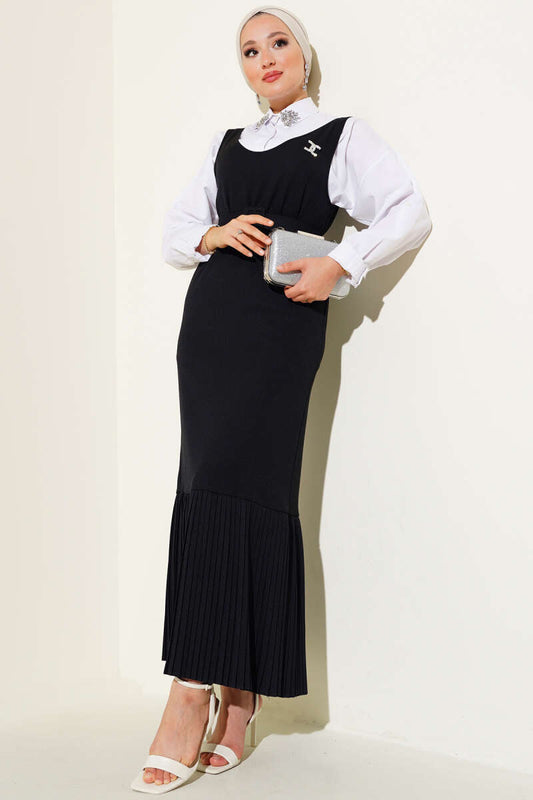 Pleated Hem Vest Dress - Black