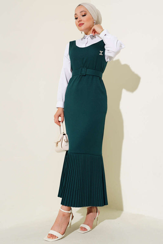 Pleated Hem Vest Dress - Emerald