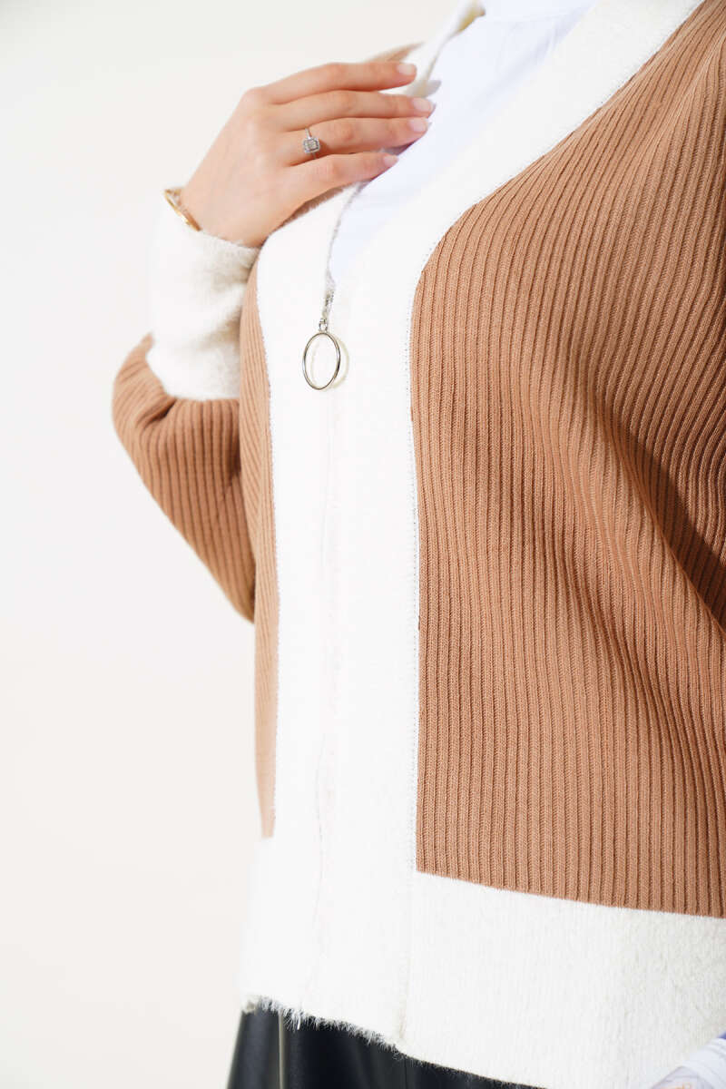 Zippered Ribbed Knitted Cardigan Biscuit