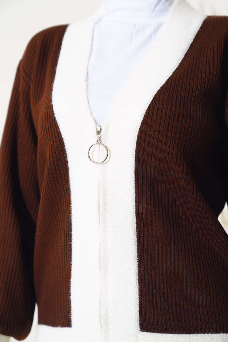 Zippered Ribbed Knitwear Cardigan Brown