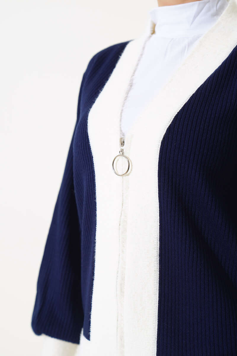 Zippered Ribbed Knitwear Cardigan Navy Blue