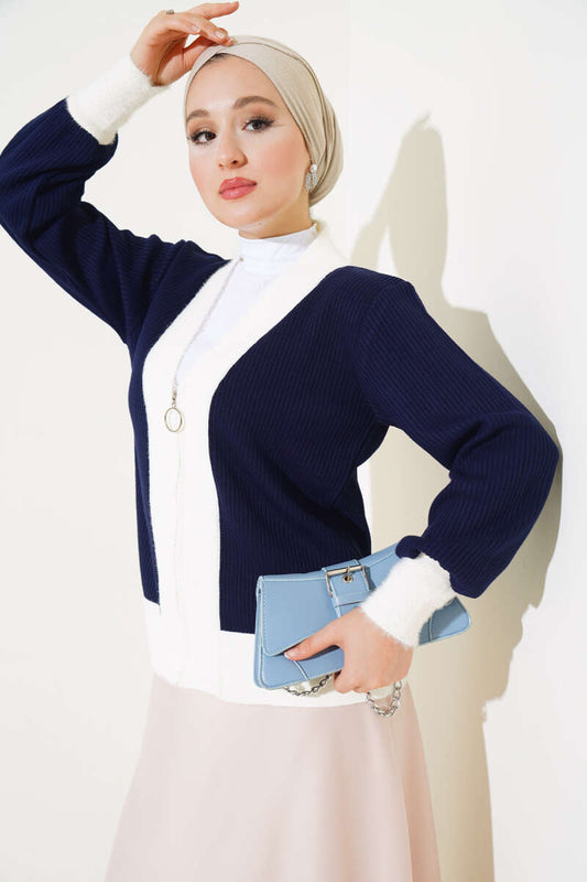 Zippered Ribbed Knitwear Cardigan Navy Blue