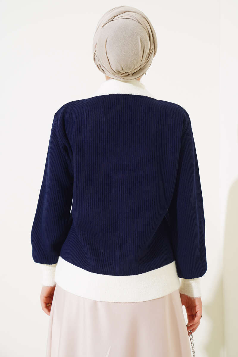 Zippered Ribbed Knitwear Cardigan Navy Blue