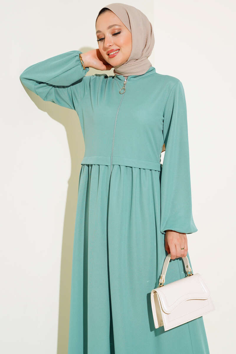 Zippered Judge Collar Abaya - Mint