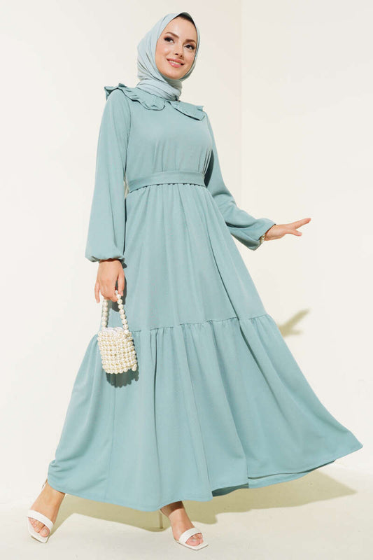 Frilled Baby Collar Belted Dress - Mint