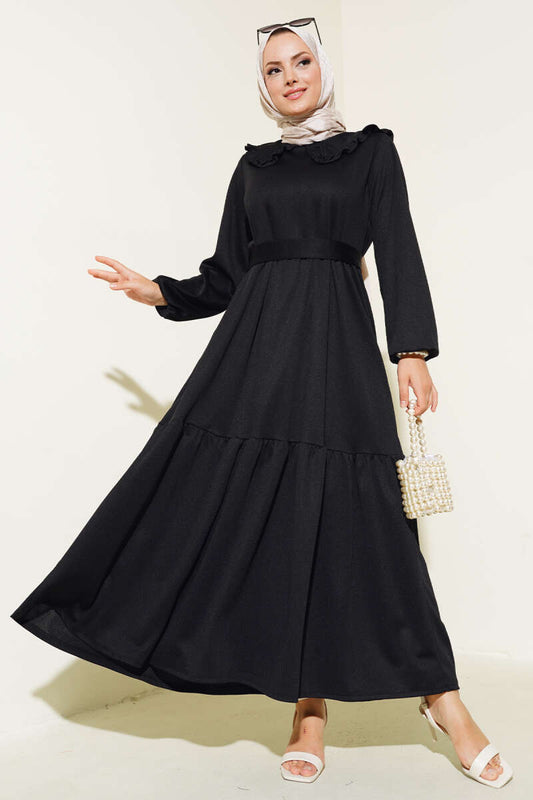 Frilled Baby Collar Belted Dress - Black