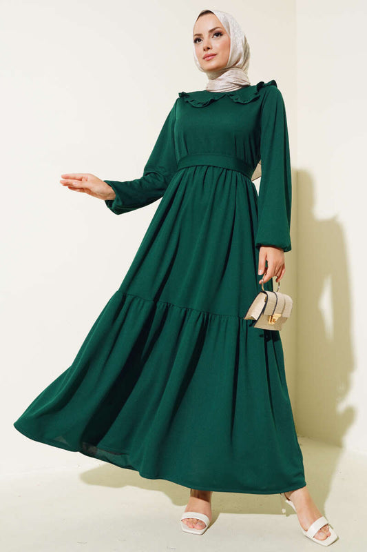 Frilled Baby Collar Belted Dress - Emerald