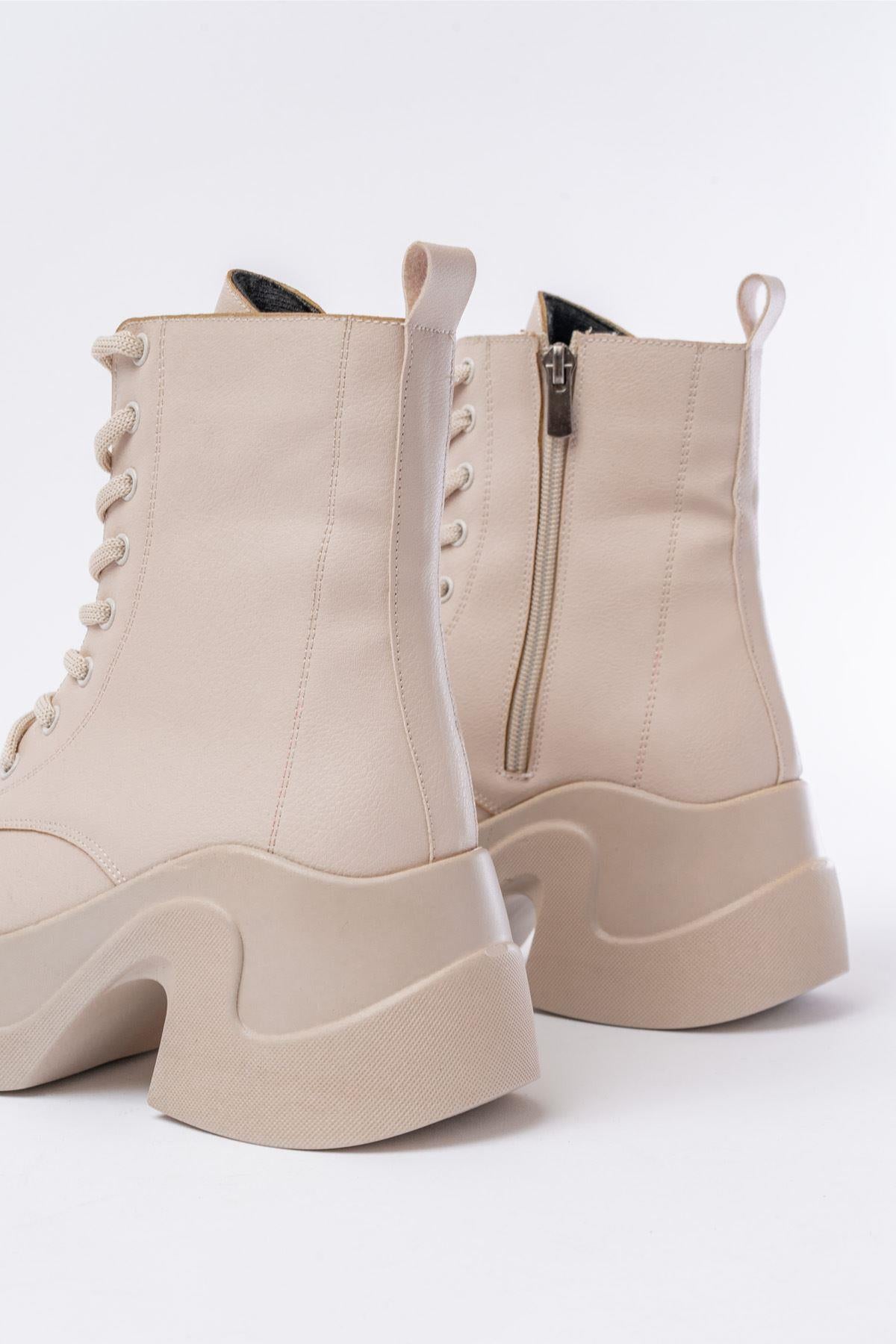 Beige High-Based Lace-up Zippered Daily Women's Boots