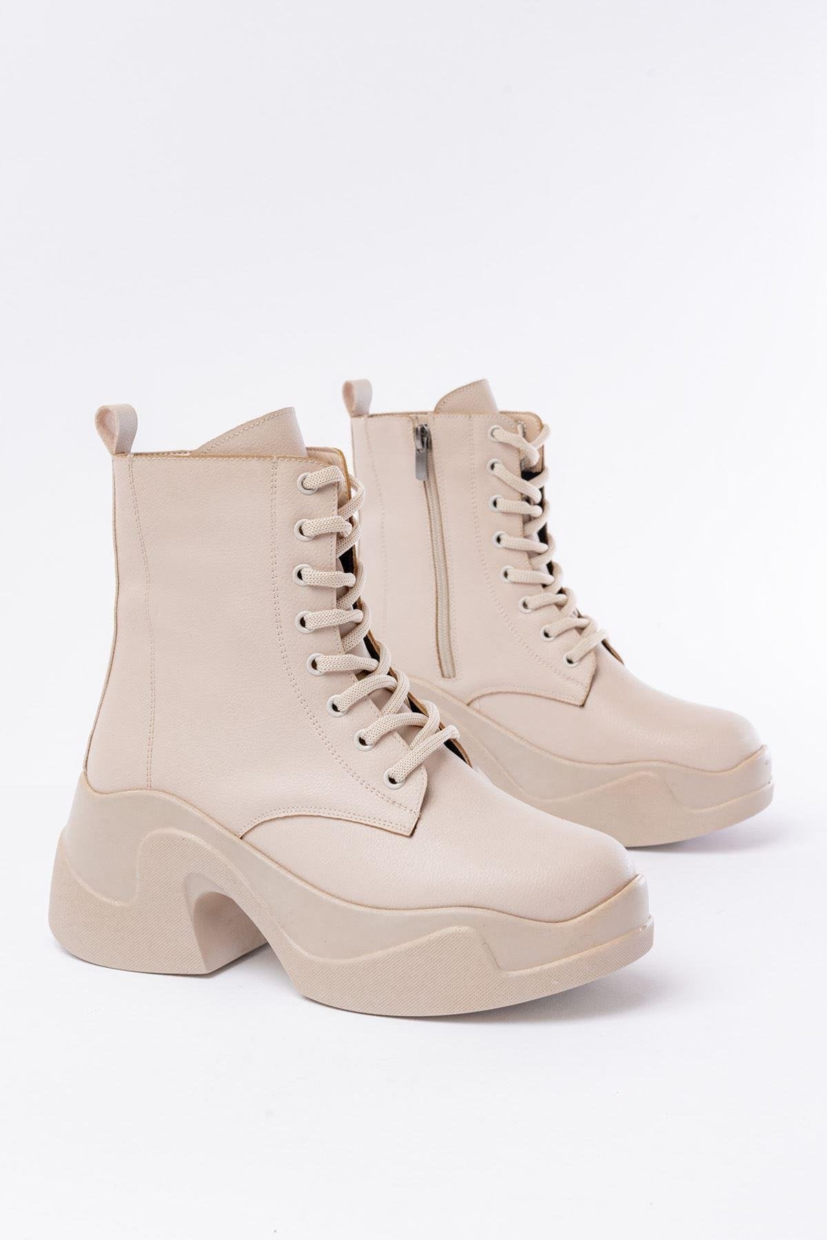 Beige High-Based Lace-up Zippered Daily Women's Boots