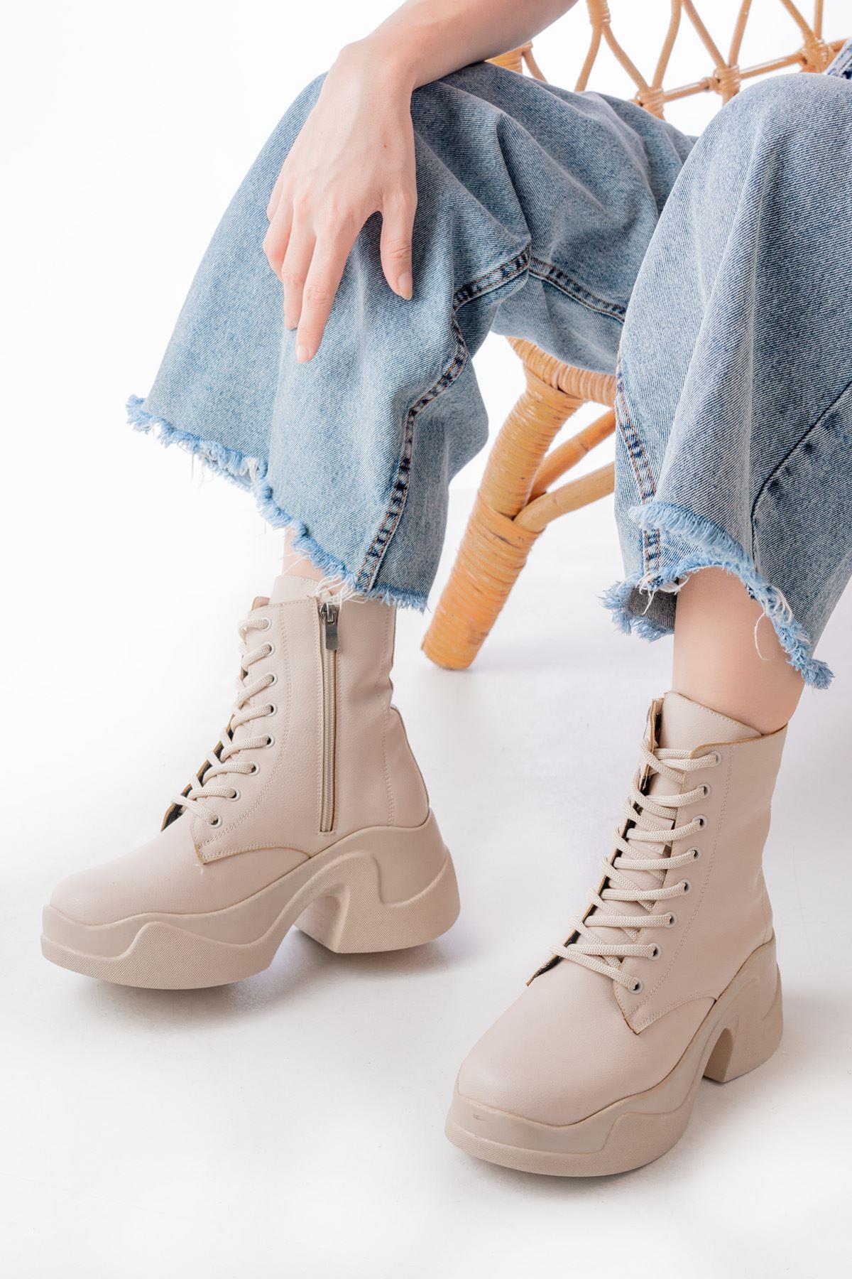 Beige High-Based Lace-up Zippered Daily Women's Boots