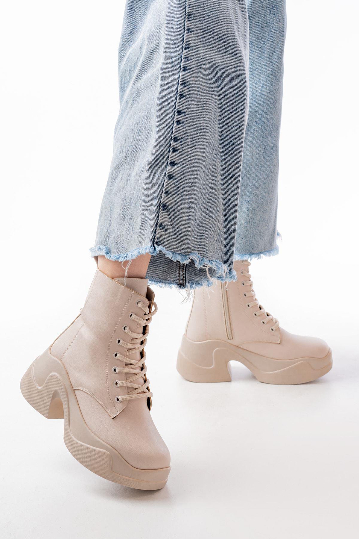 Beige High-Based Lace-up Zippered Daily Women's Boots