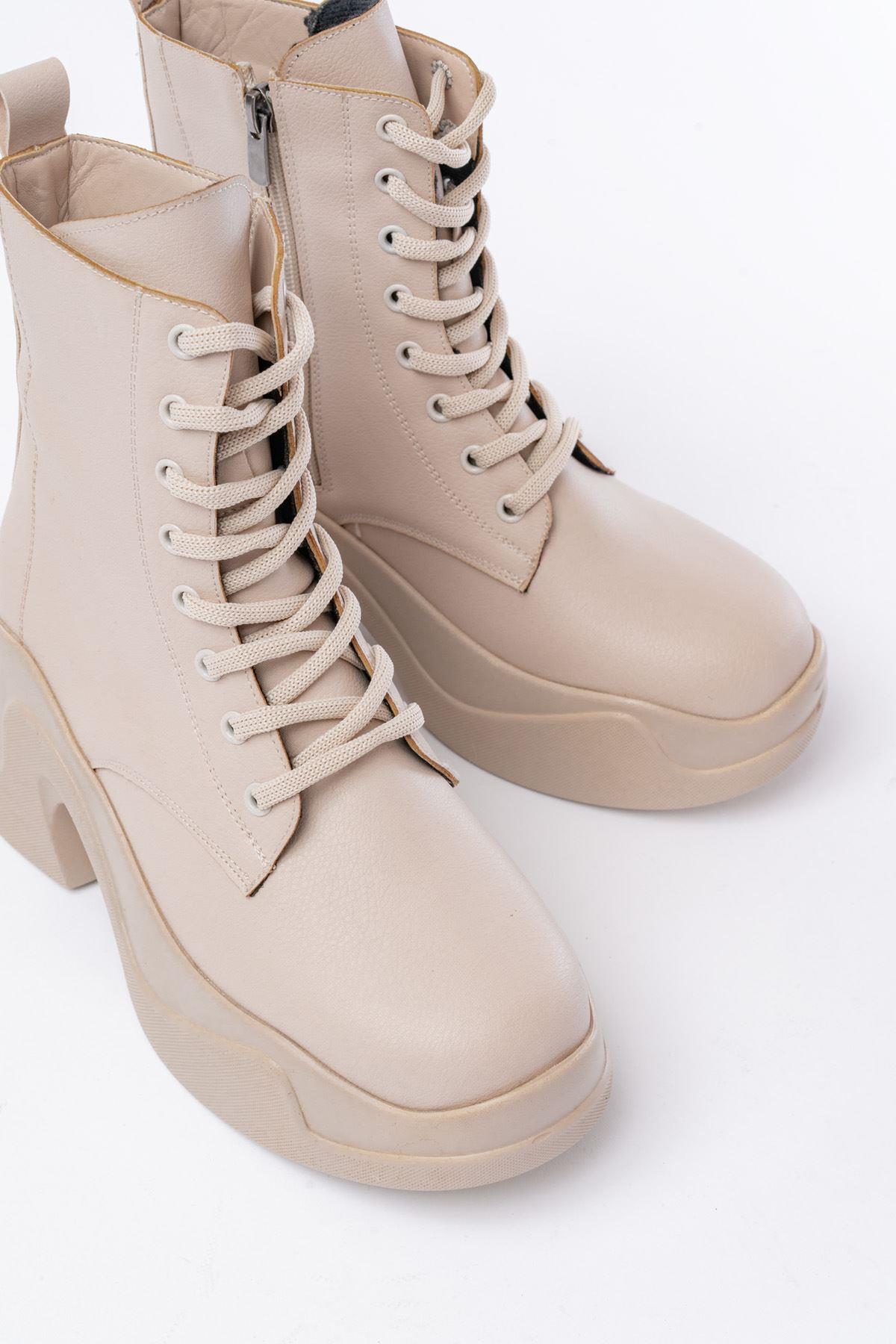 Beige High-Based Lace-up Zippered Daily Women's Boots