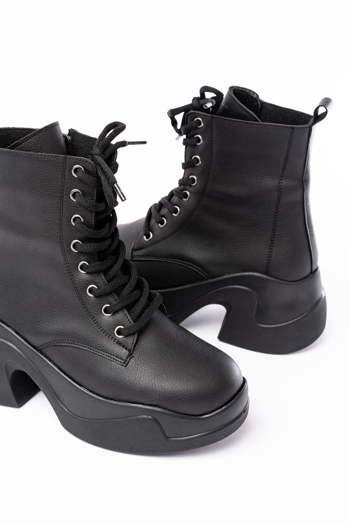 Black High-Based Lace-up Zippered Daily Women's Boots