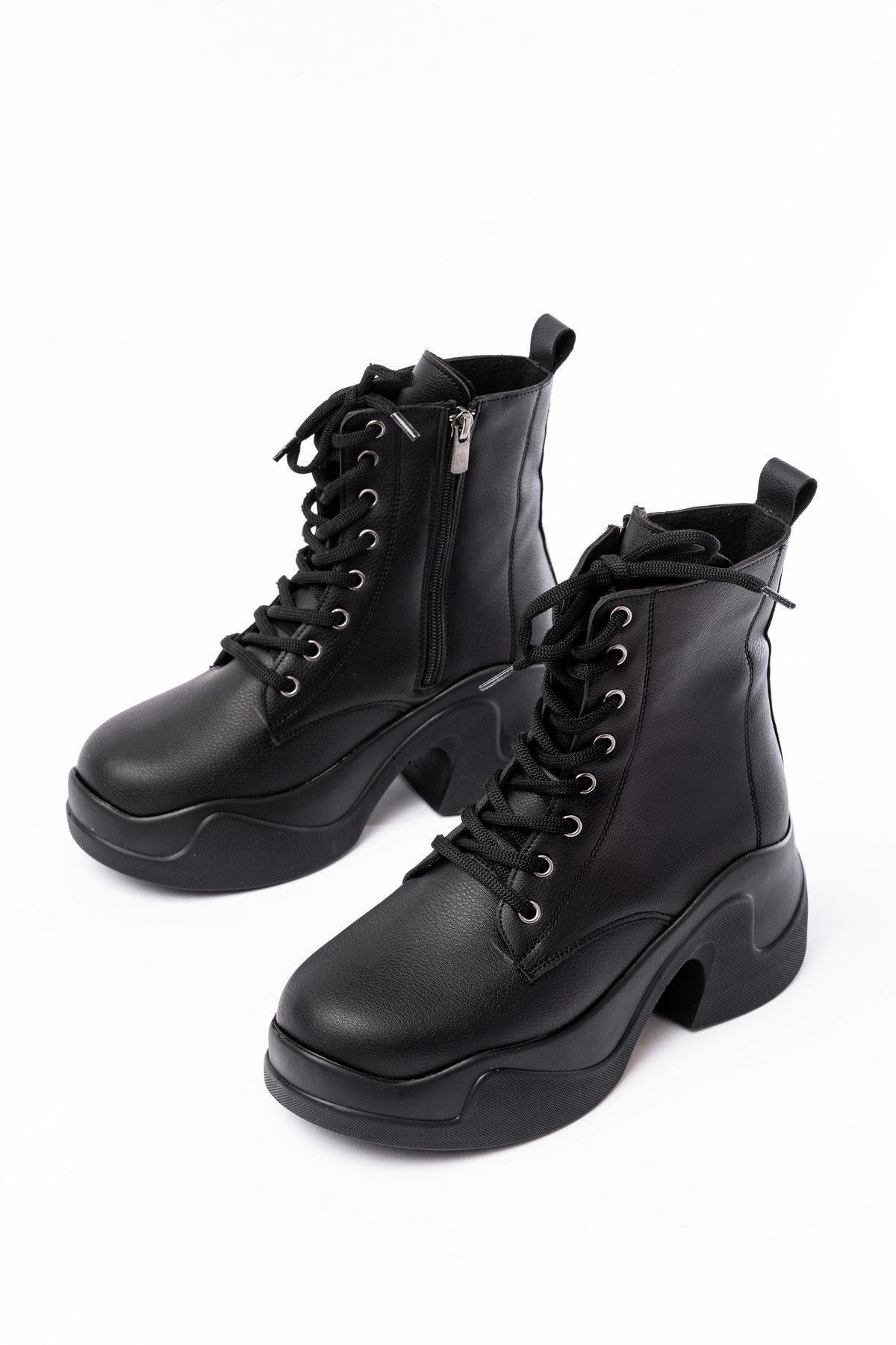 Black High-Based Lace-up Zippered Daily Women's Boots