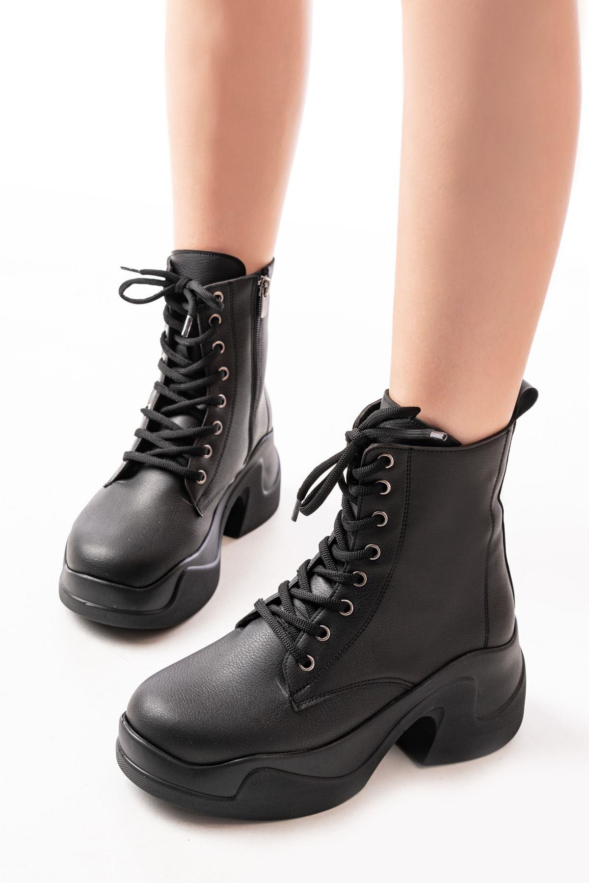 Black High-Based Lace-up Zippered Daily Women's Boots