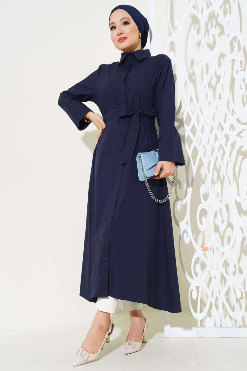 Shirt Collar Buttoned Tunic Navy Blue