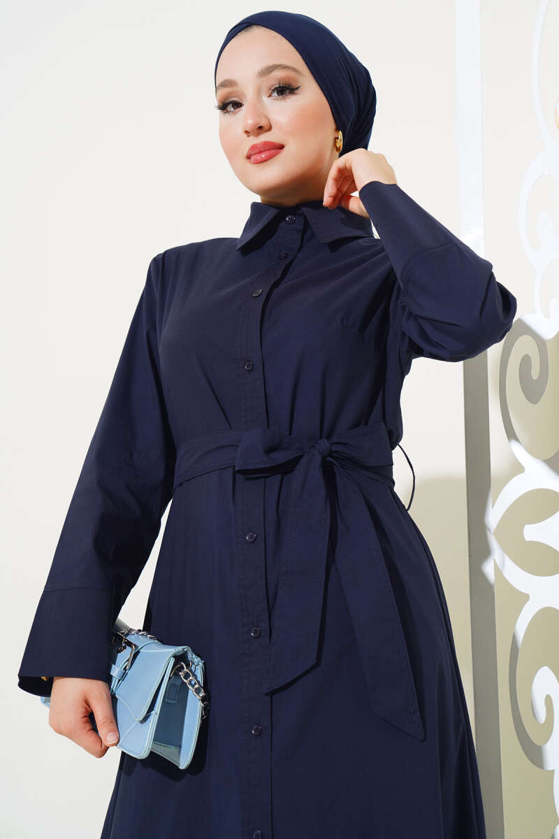 Shirt Collar Buttoned Tunic Navy Blue