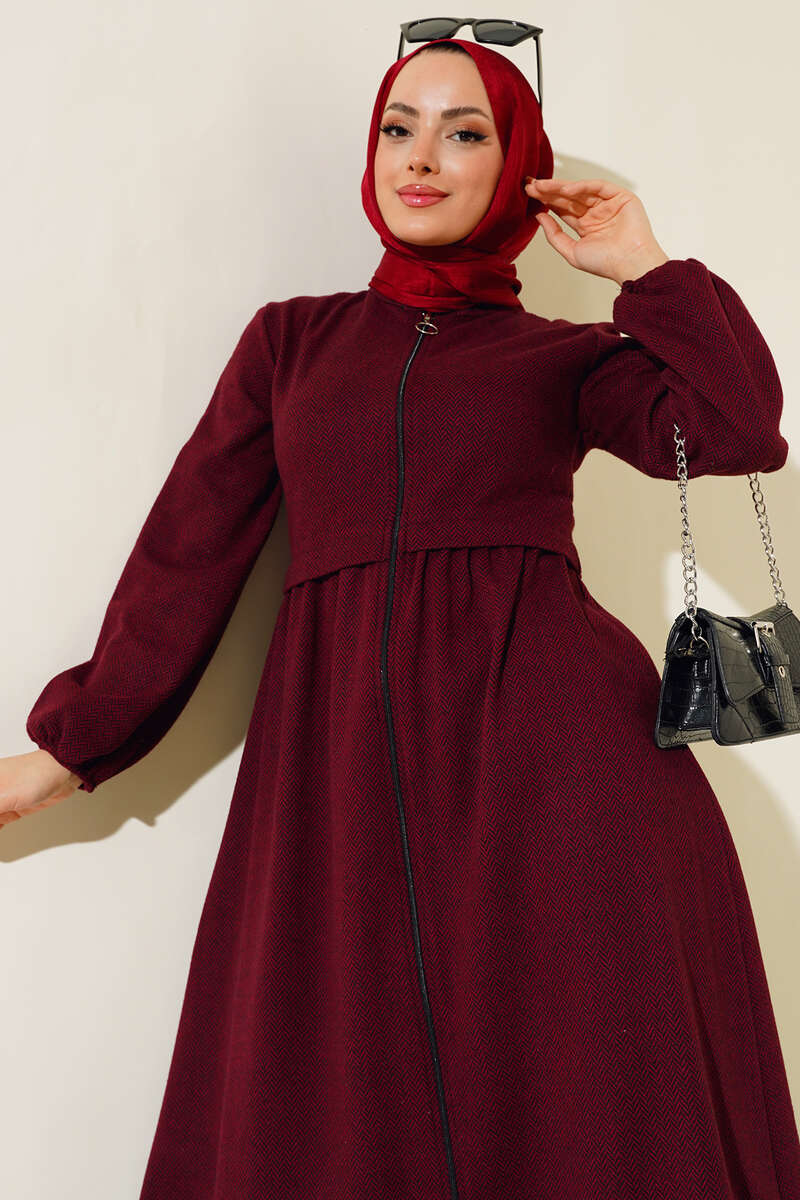 Judge Collar Herringbone Abaya - Claret Red