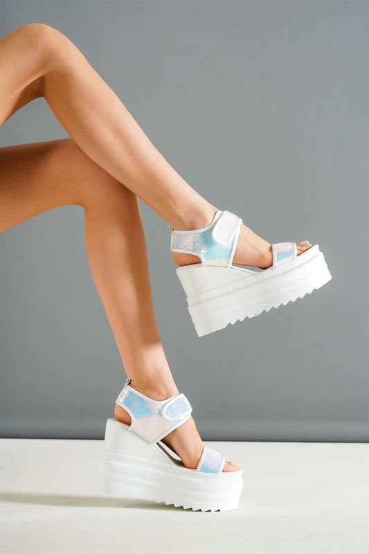 Women's White Wedge Heeled Sports Sandals