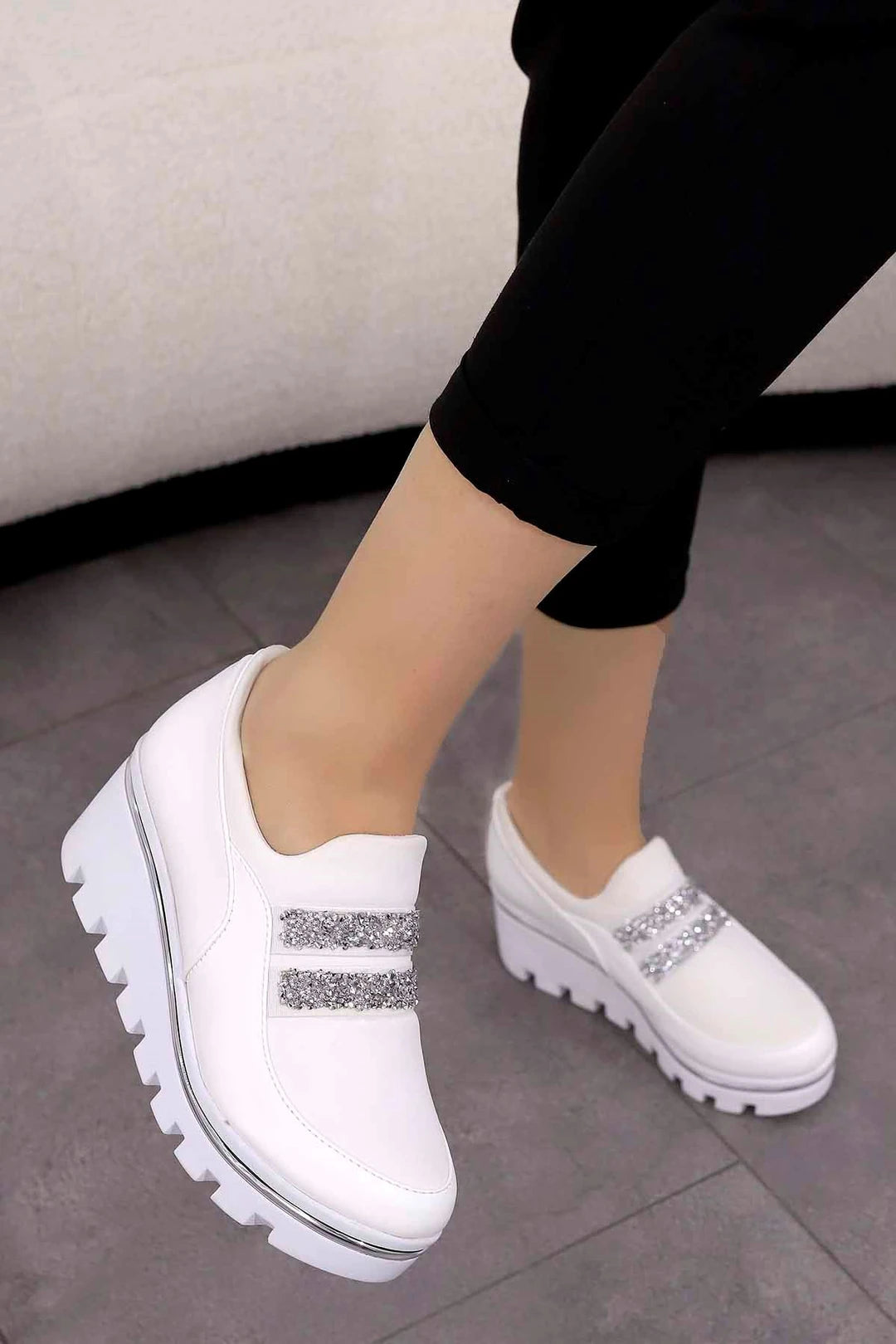 Women's White Hidden Wedge Heel Sport Shoes