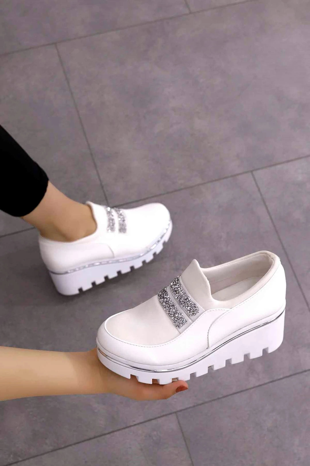 Women's White Hidden Wedge Heel Sport Shoes