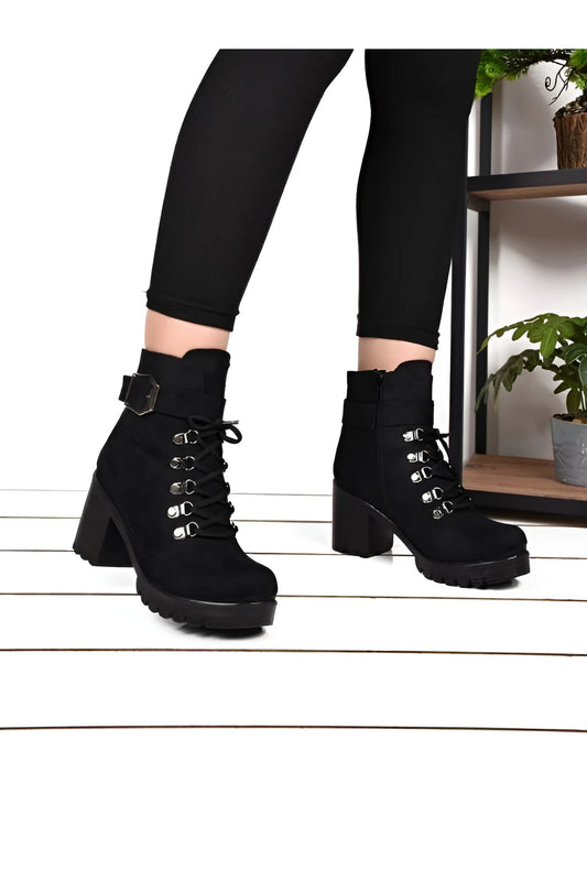 Black Leather Women's Hook Heel Boots