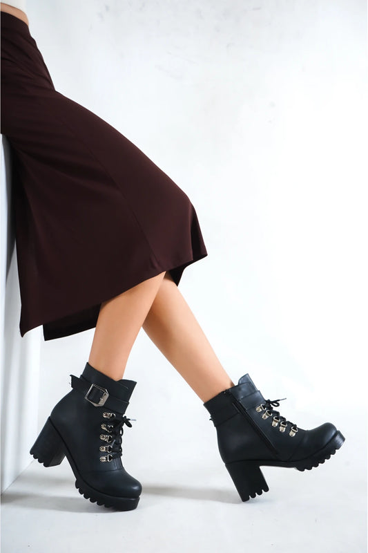 Black Leather Women's Hook Heel Boots