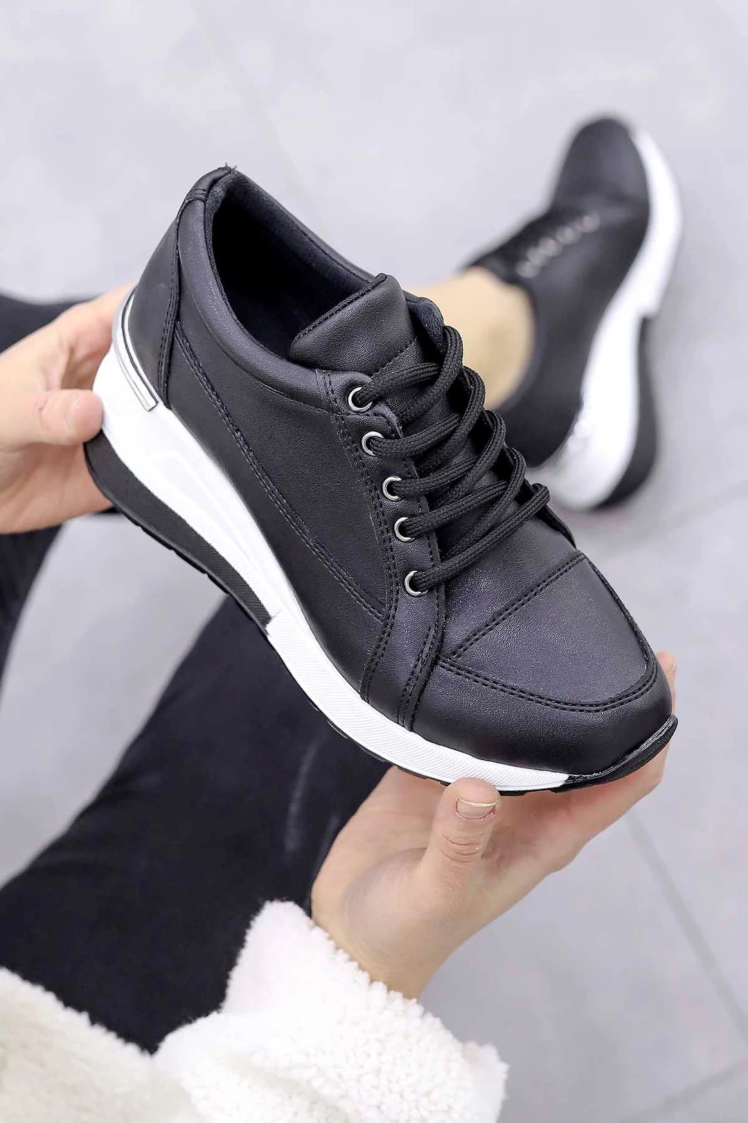 Women's Black Lace-up Hidden Wedge Heel Sport Shoes