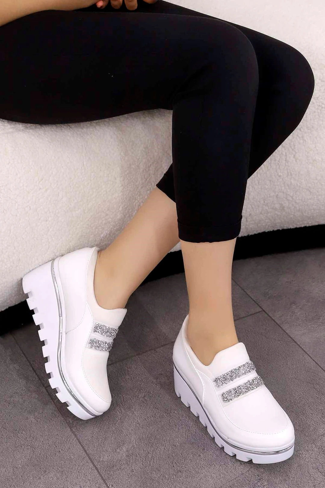 Women's White Hidden Wedge Heel Sport Shoes