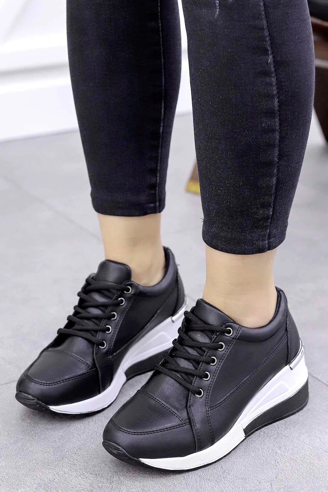 Women's Black Lace-up Hidden Wedge Heel Sport Shoes