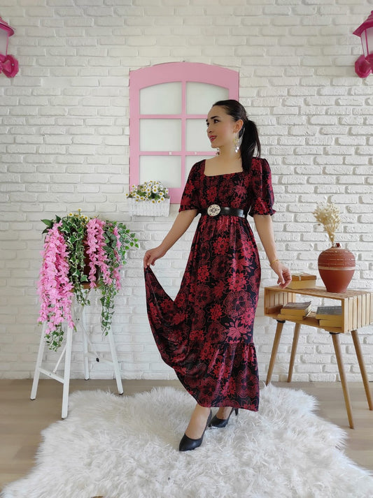 Floral Viscose Dress-maroon