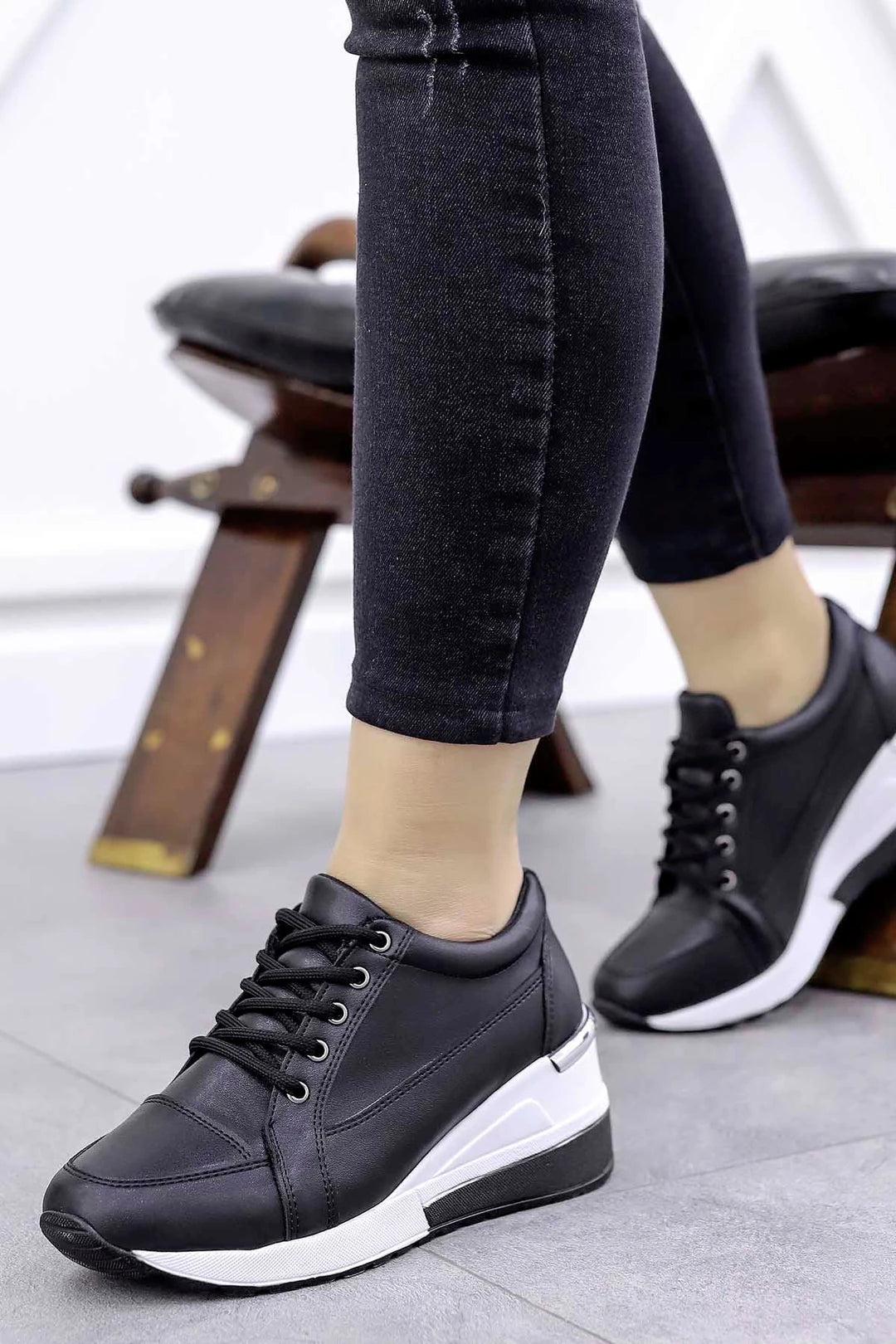 Women's Black Lace-up Hidden Wedge Heel Sport Shoes