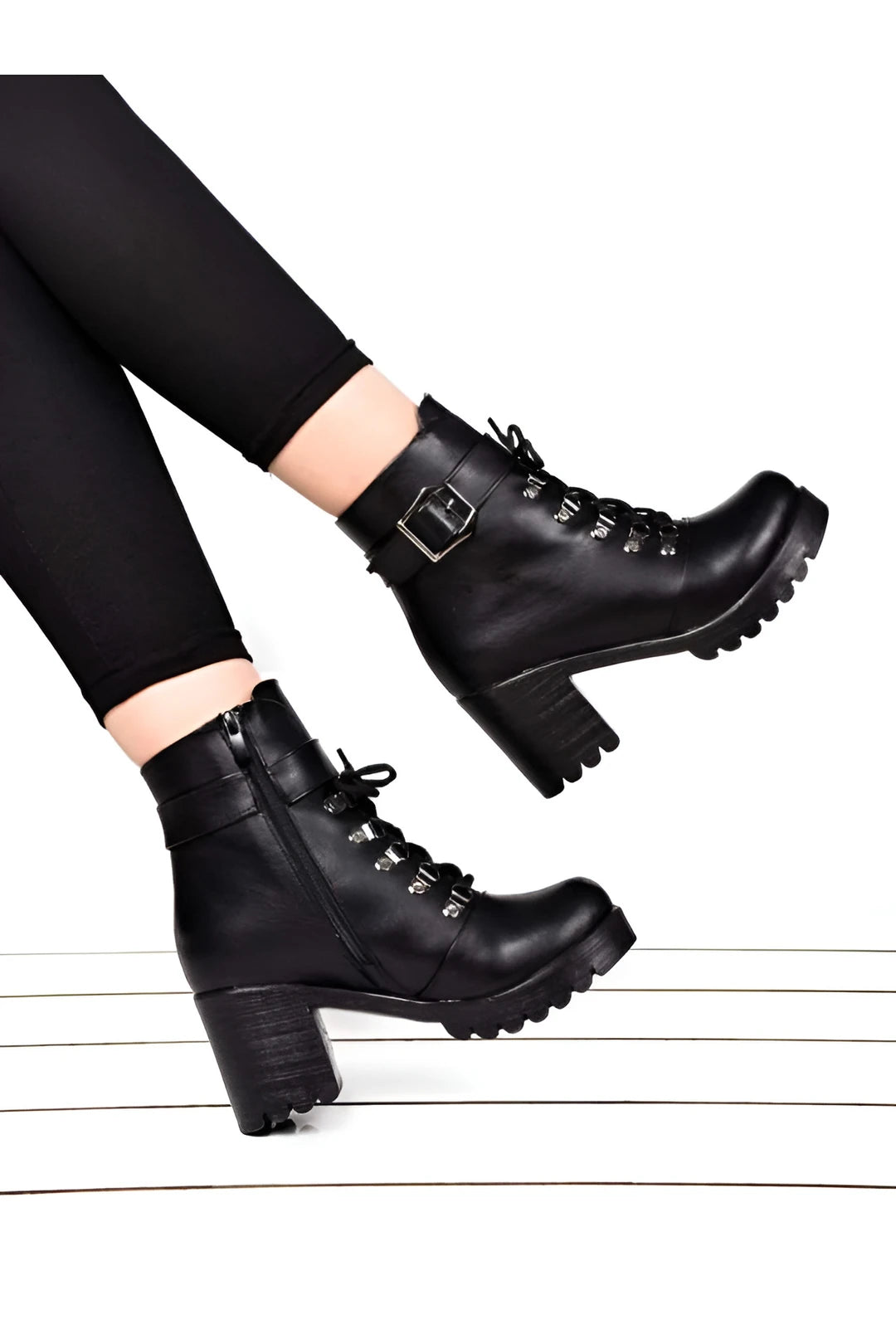 Black Leather Women's Hook Heel Boots