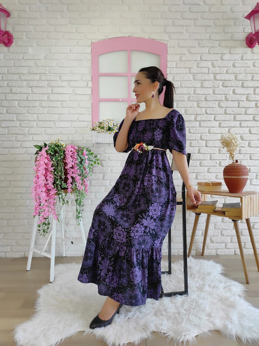 Flower Viscose Dress-purple