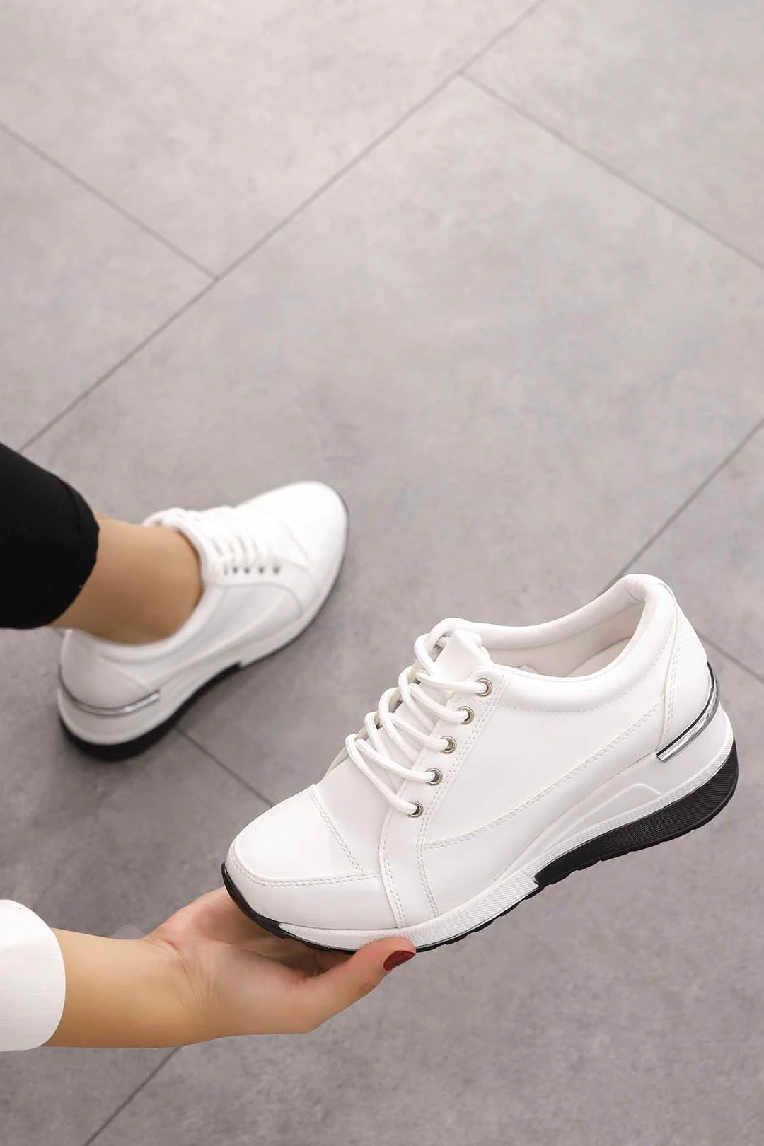 Women's White Lace-up Hidden Wedge Heel Sport Shoes