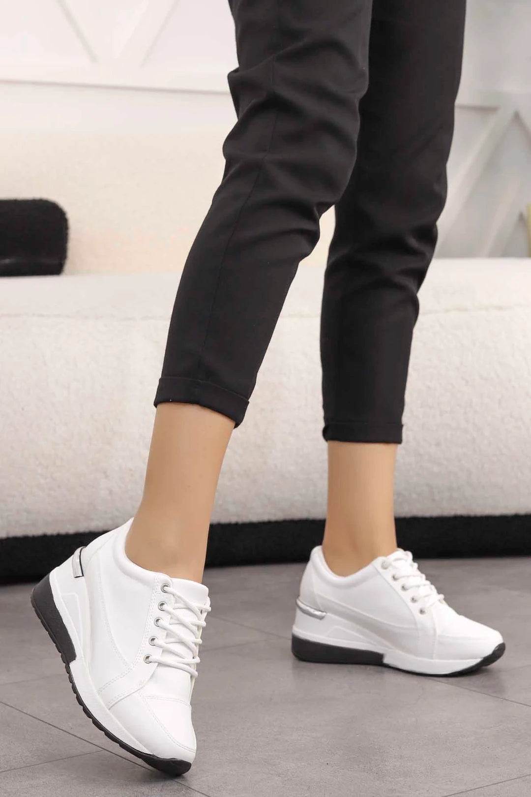 Women's White Lace-up Hidden Wedge Heel Sport Shoes