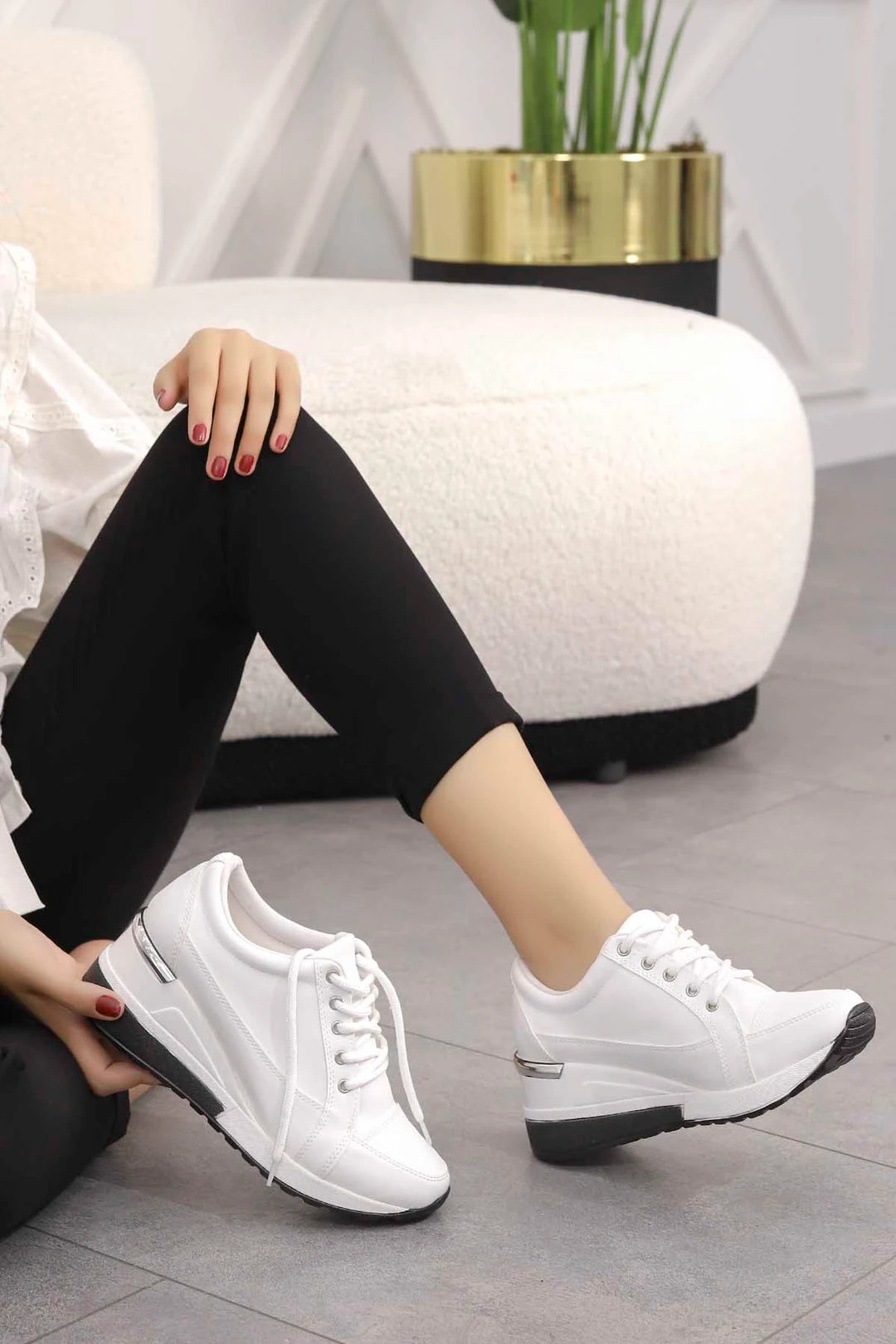 Women's White Lace-up Hidden Wedge Heel Sport Shoes