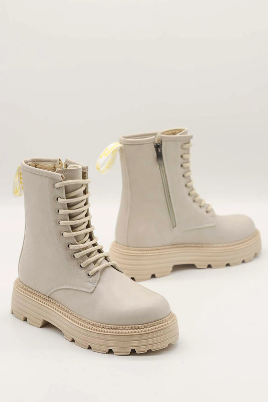 Zippered Thick Soled Boots - Beige Leather