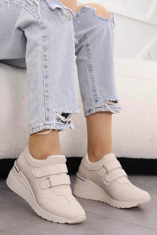 Women's Beige Velcro Hidden Wedge Heel Sport Shoes