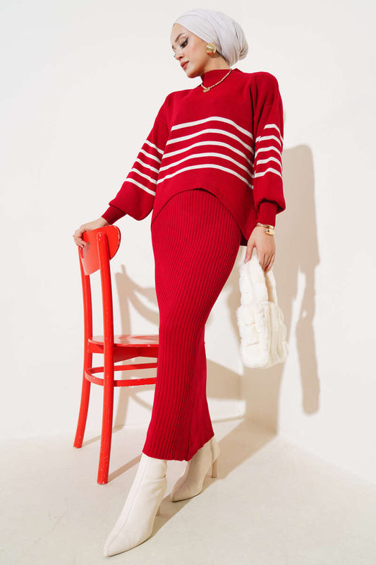 Thin Striped Knitted Vest Two Piece Suit Red